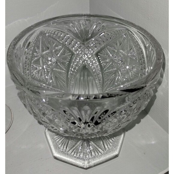 Vintage Pressed Glass Pedestal Compote Bowl | Starburst Diamond Cut Pattern - Picture 3 of 6